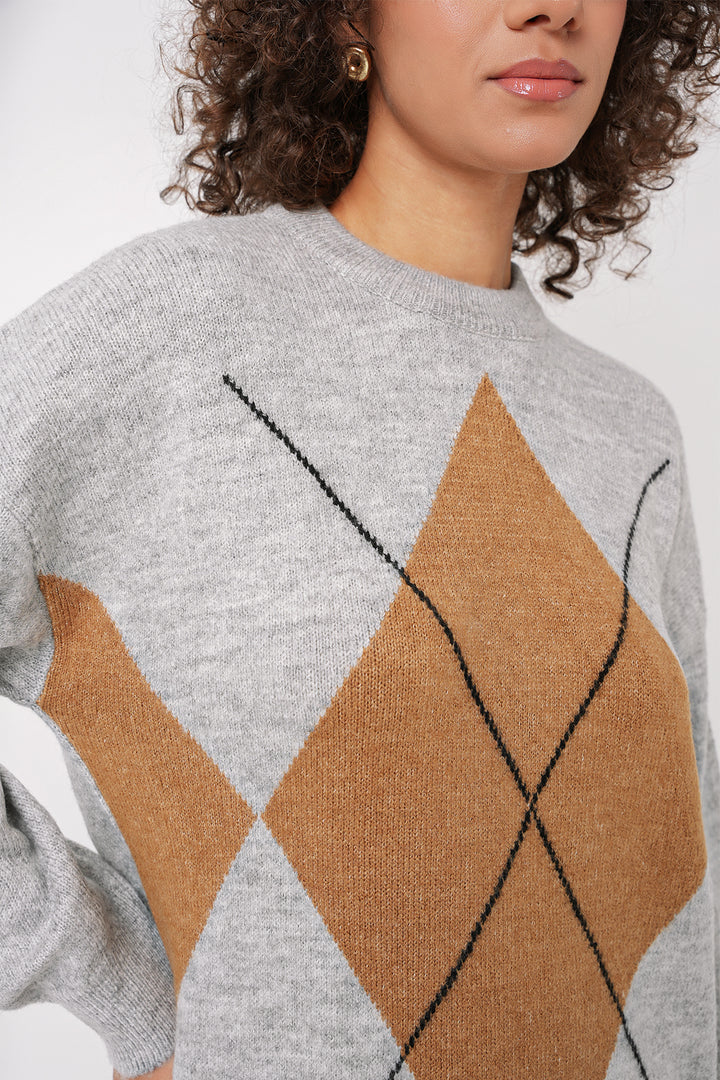 BGD Women Baklava Patterned Oversized Sweater - Gray - Shrewsbury