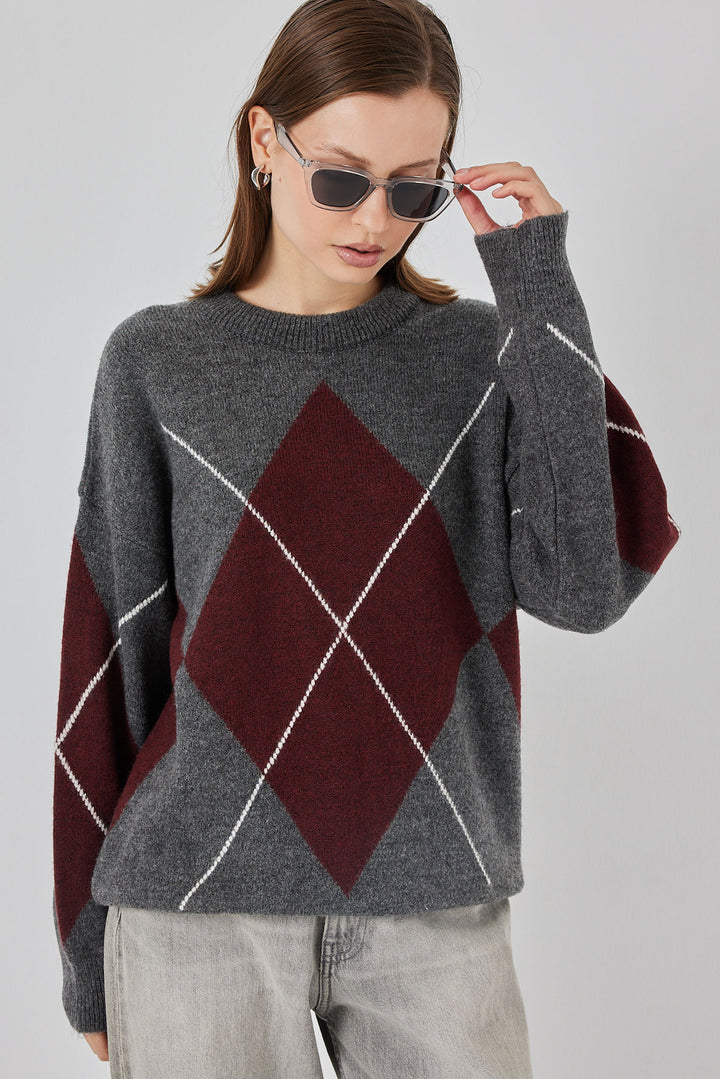 BGD Women Baklava Desenli Oversize Triko Kazak - K. Antrasit - Brookhaven