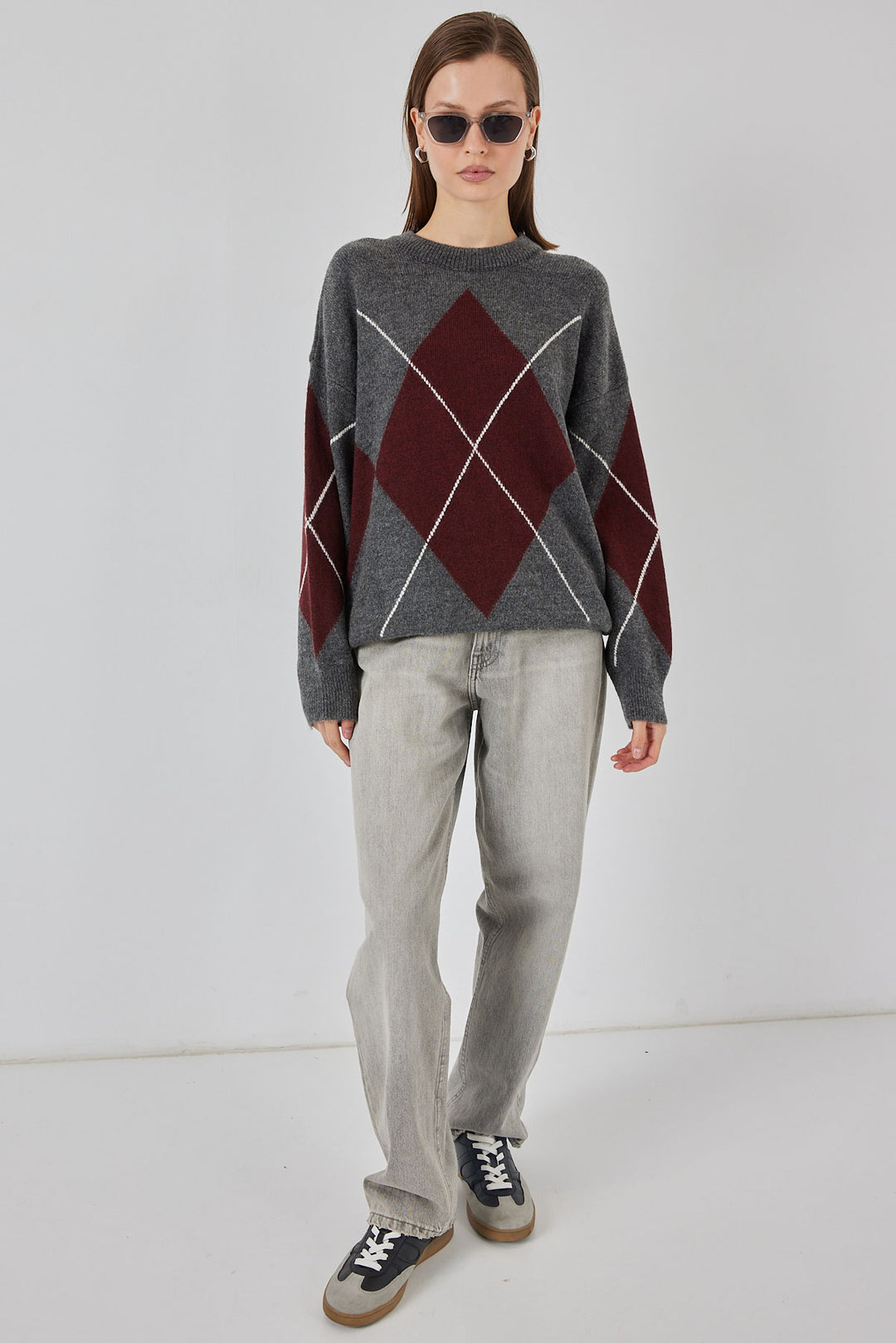 BGD Women Baklava Desenli Oversize Triko Kazak - K. Antrasit - Brookhaven