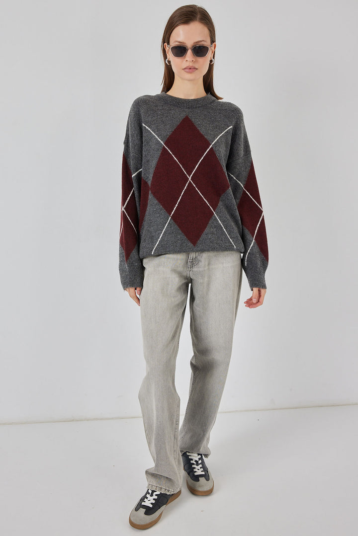 BGD Women Baklava Desenli Oversize Triko Kazak - K. Antrasit - Brookhaven