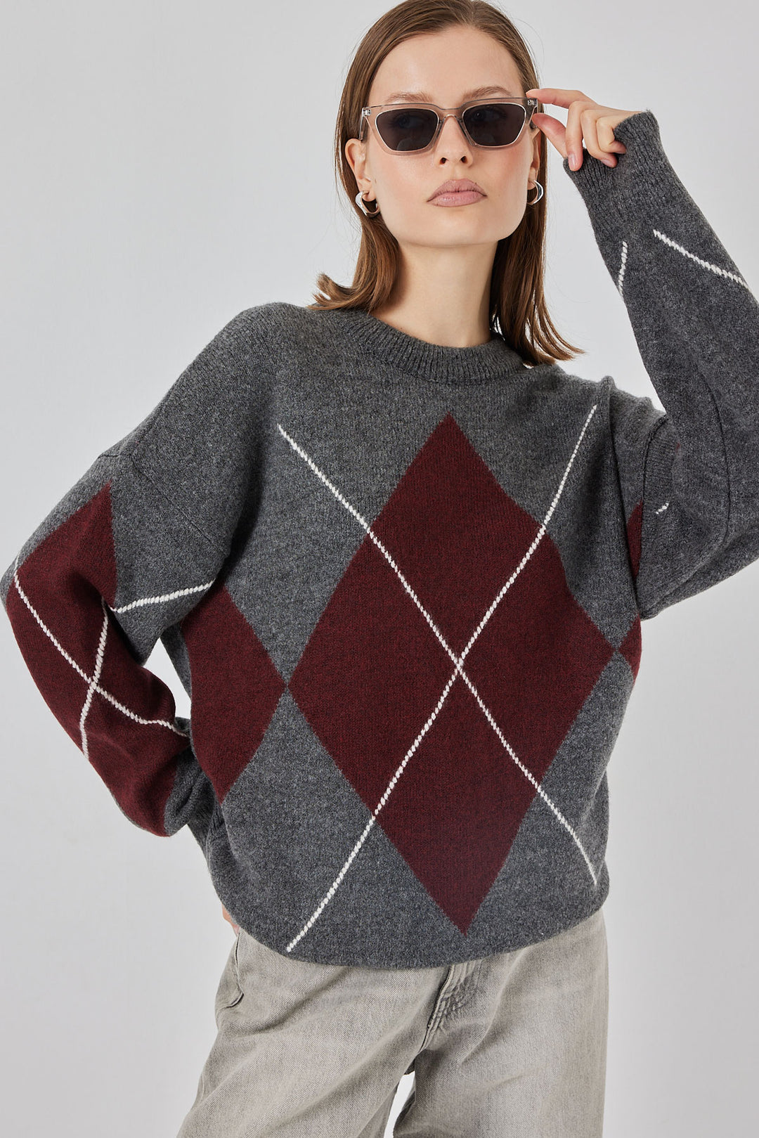 BGD Women Baklava Desenli Oversize Triko Kazak - K. Antrasit - Brookhaven