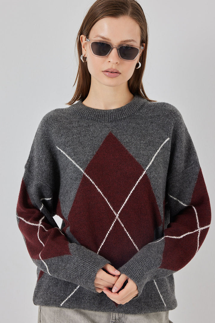 BGD Women Baklava Desenli Oversize Triko Kazak - K. Antrasit - Brookhaven