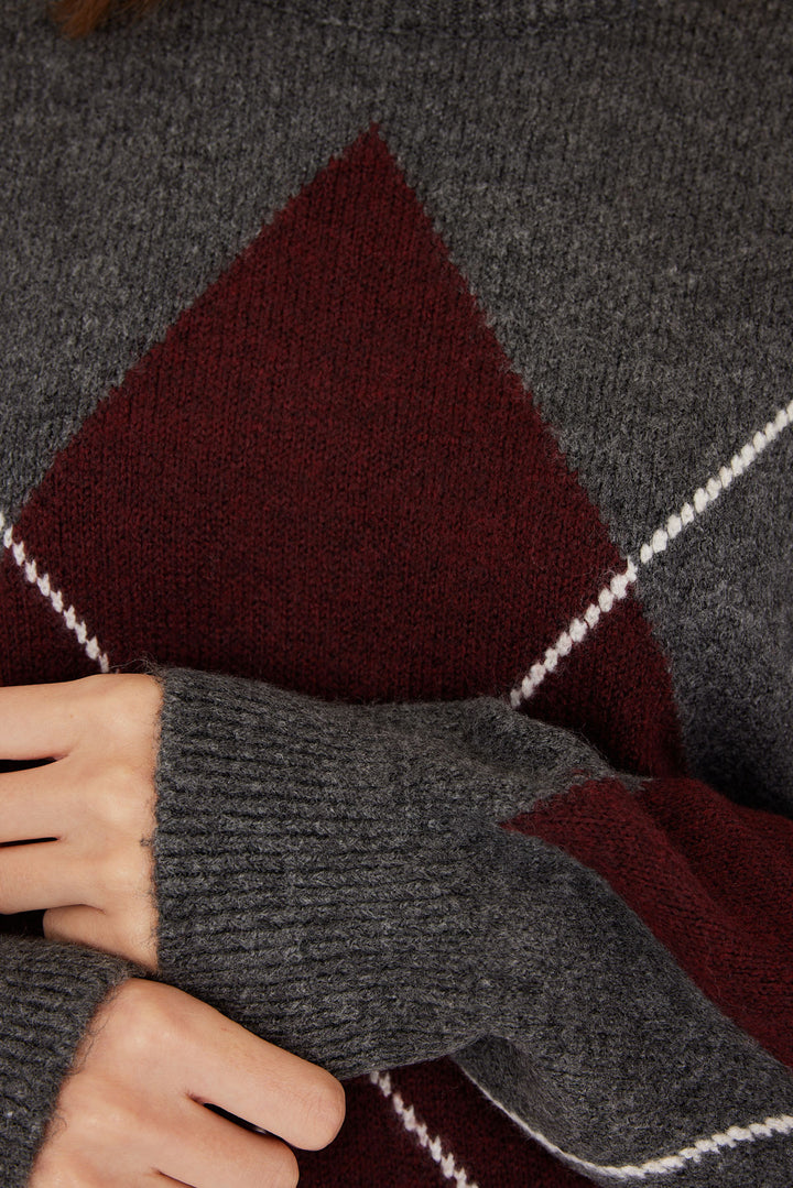 BGD Women Baklava Desenli Oversize Triko Kazak - K. Antrasit - Brookhaven