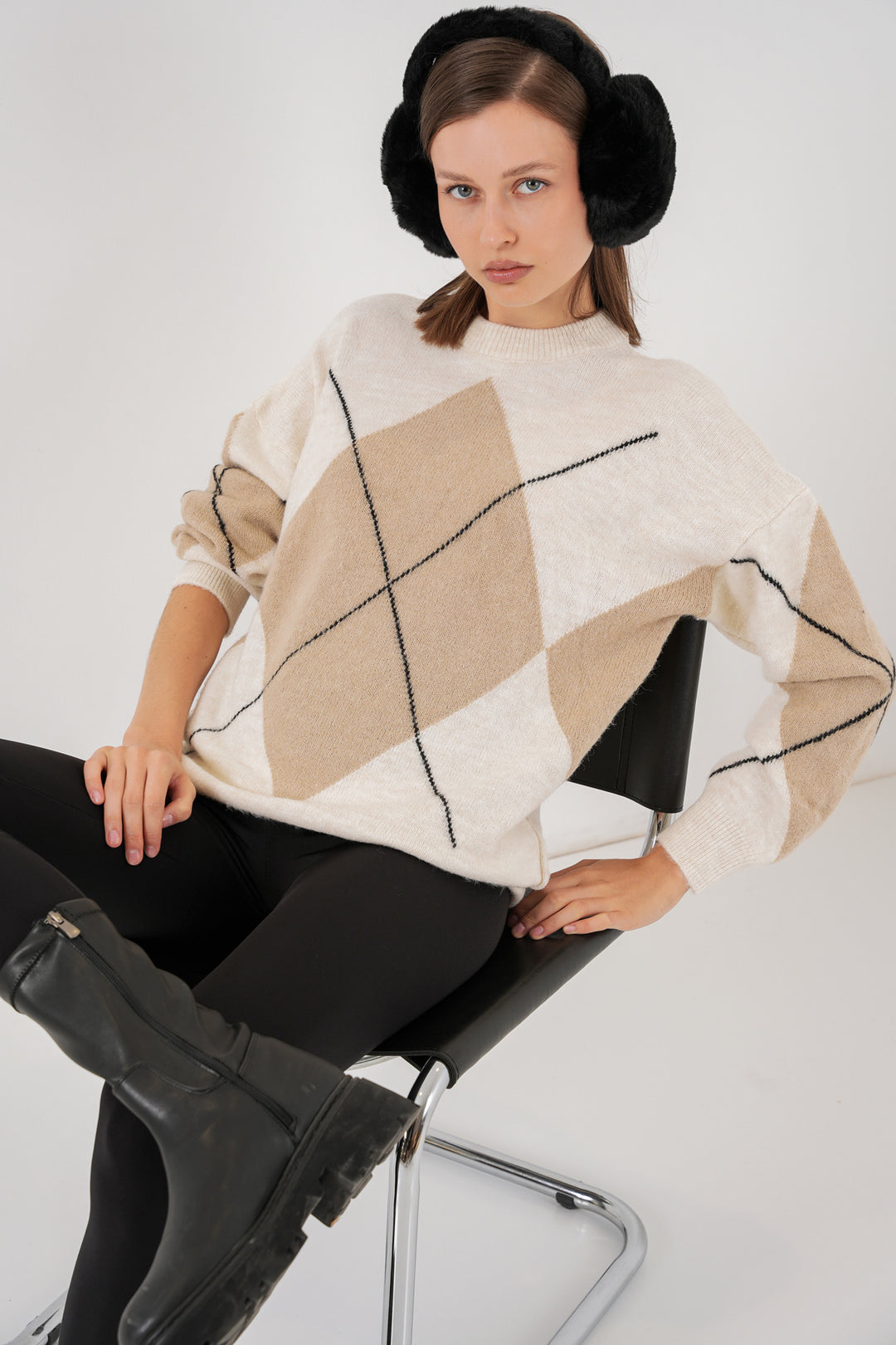 BGD Women Baklava Patterned Oversized Sweater - Cream - Rho