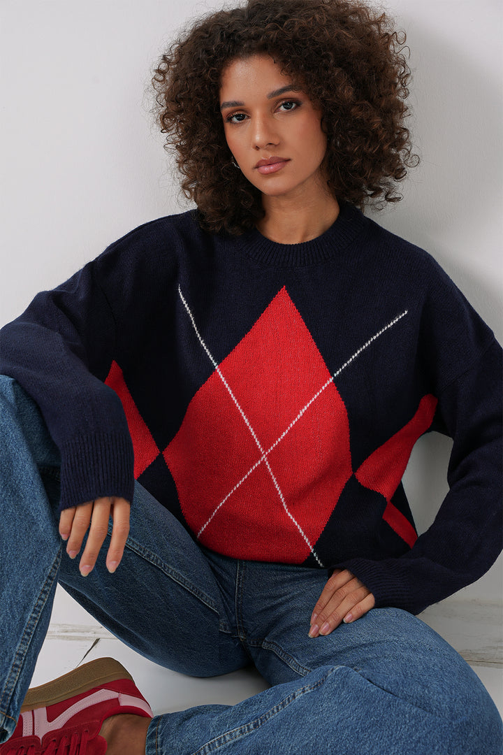 BGD Women Baklava Patterned Oversized Sweater - Navy Blue - East Orange