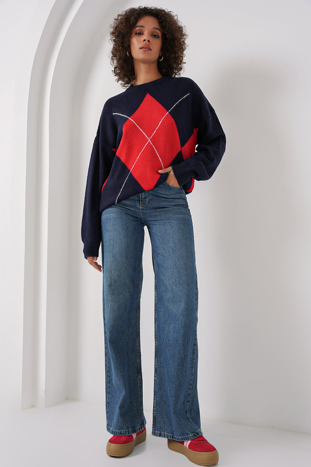 BGD Women Baklava Patterned Oversized Sweater - Navy Blue - East Orange