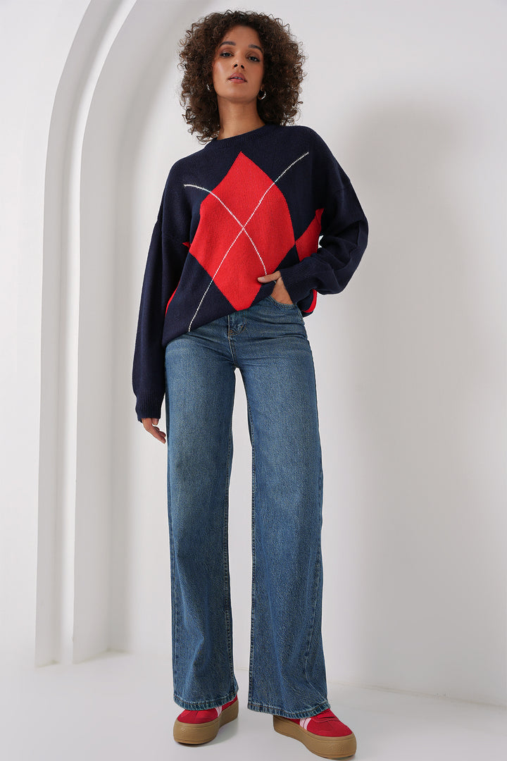 BGD Women Baklava Patterned Oversized Sweater - Navy Blue - East Orange