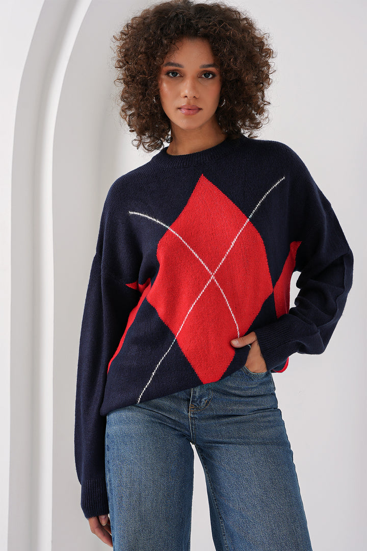 BGD Women Baklava Patterned Oversized Sweater - Navy Blue - East Orange