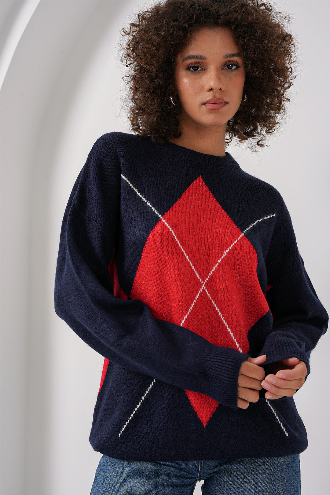 BGD Women Baklava Patterned Oversized Sweater - Navy Blue - East Orange