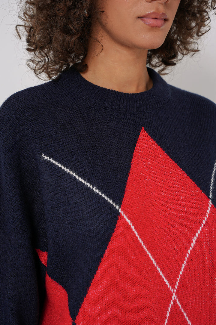 BGD Women Baklava Patterned Oversized Sweater - Navy Blue - East Orange