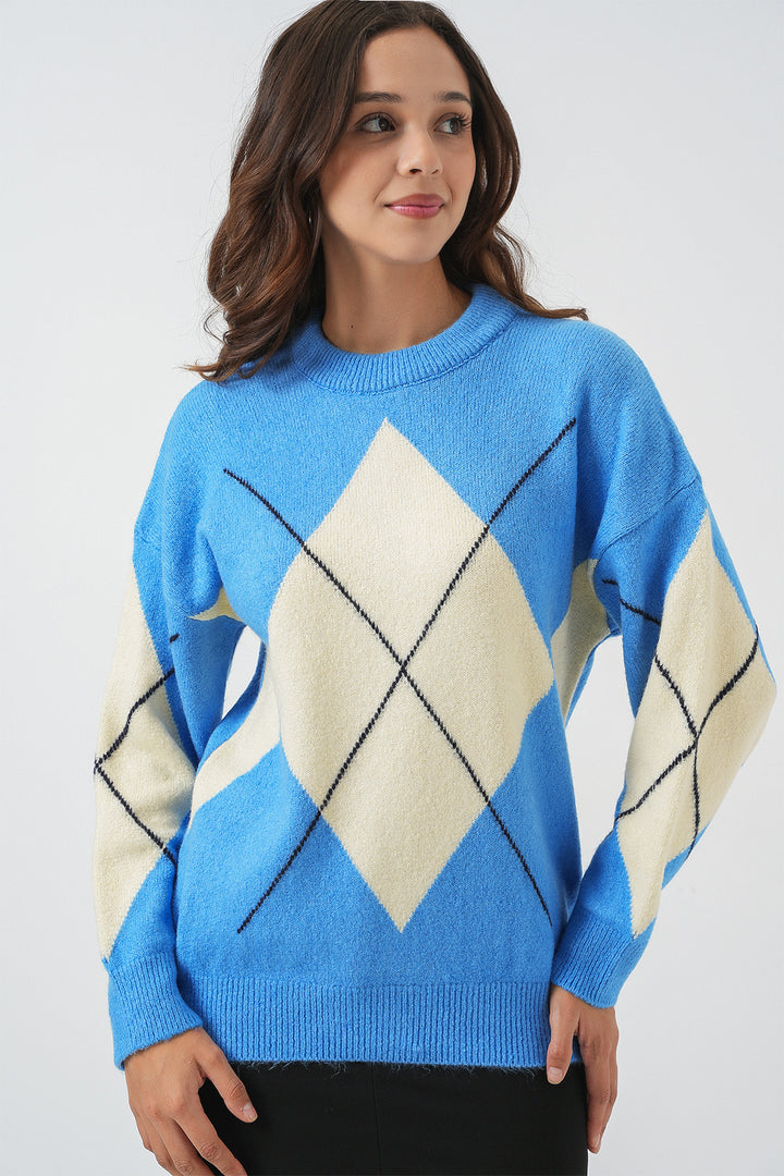 BGD Women Baklava Patterned Oversized Knit Sweater - Blue - Petrel