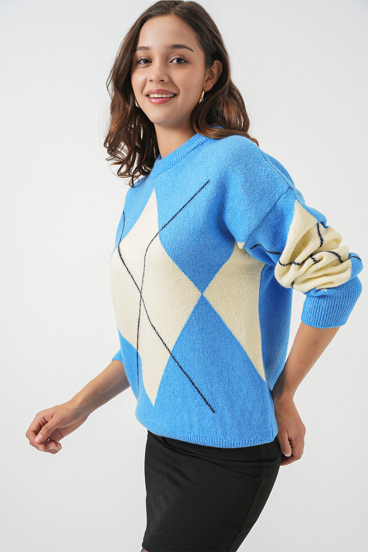 BGD Women Baklava Patterned Oversized Knit Sweater - Blue - Petrel