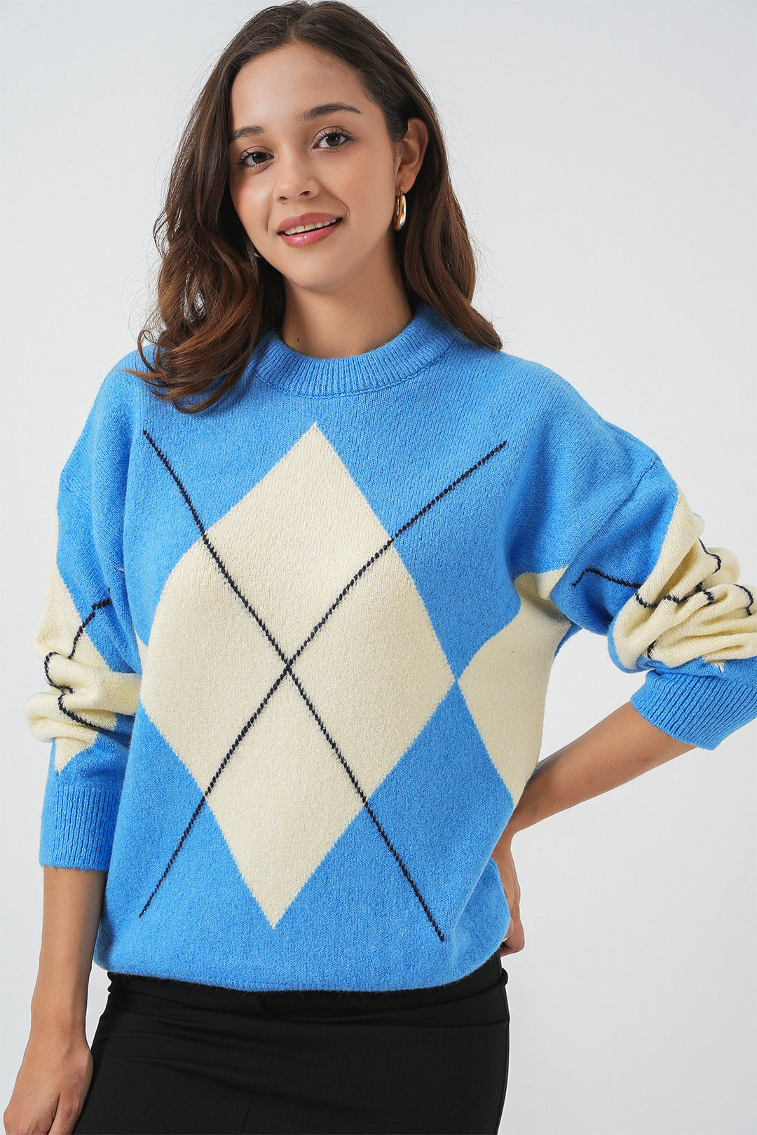 BGD Women Baklava Patterned Oversized Knit Sweater - Blue - Petrel