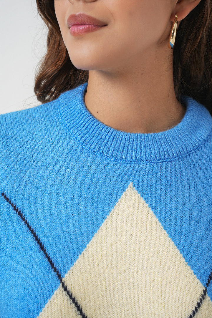 BGD Women Baklava Patterned Oversized Knit Sweater - Blue - Petrel