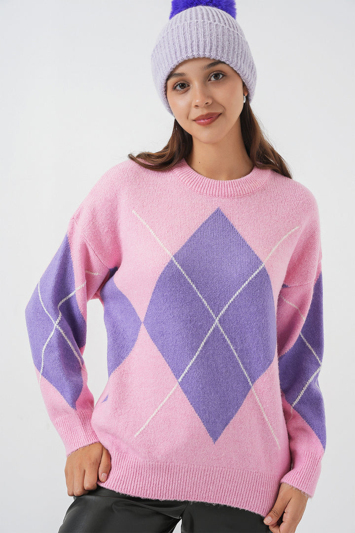 BGD Women Baklava Desenli Oversize Triko Kazak - Pembe - Katwijk