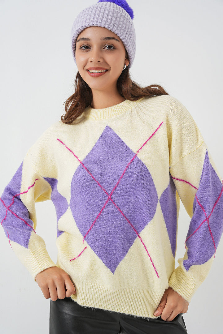 BGD Women Baklava Desenli Oversize Triko Kazak - Sarı - Santa Cruz Xoxocotlán