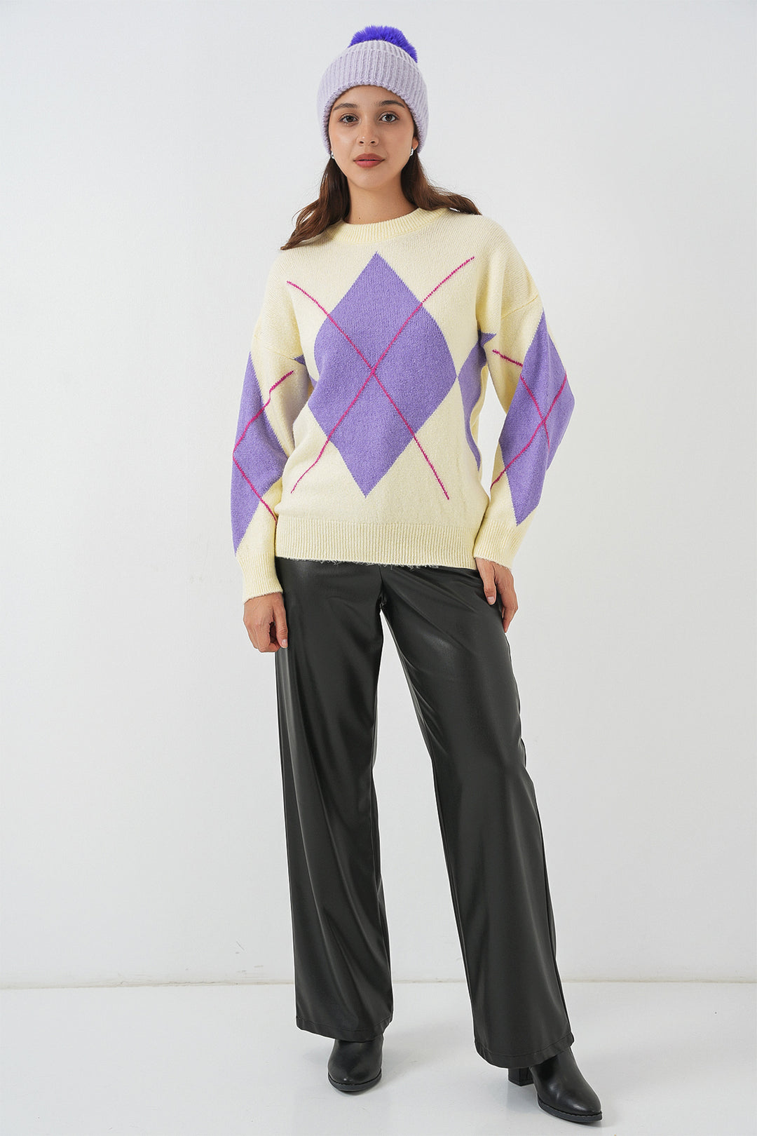 BGD Women Baklava Desenli Oversize Triko Kazak - Sarı - Santa Cruz Xoxocotlán