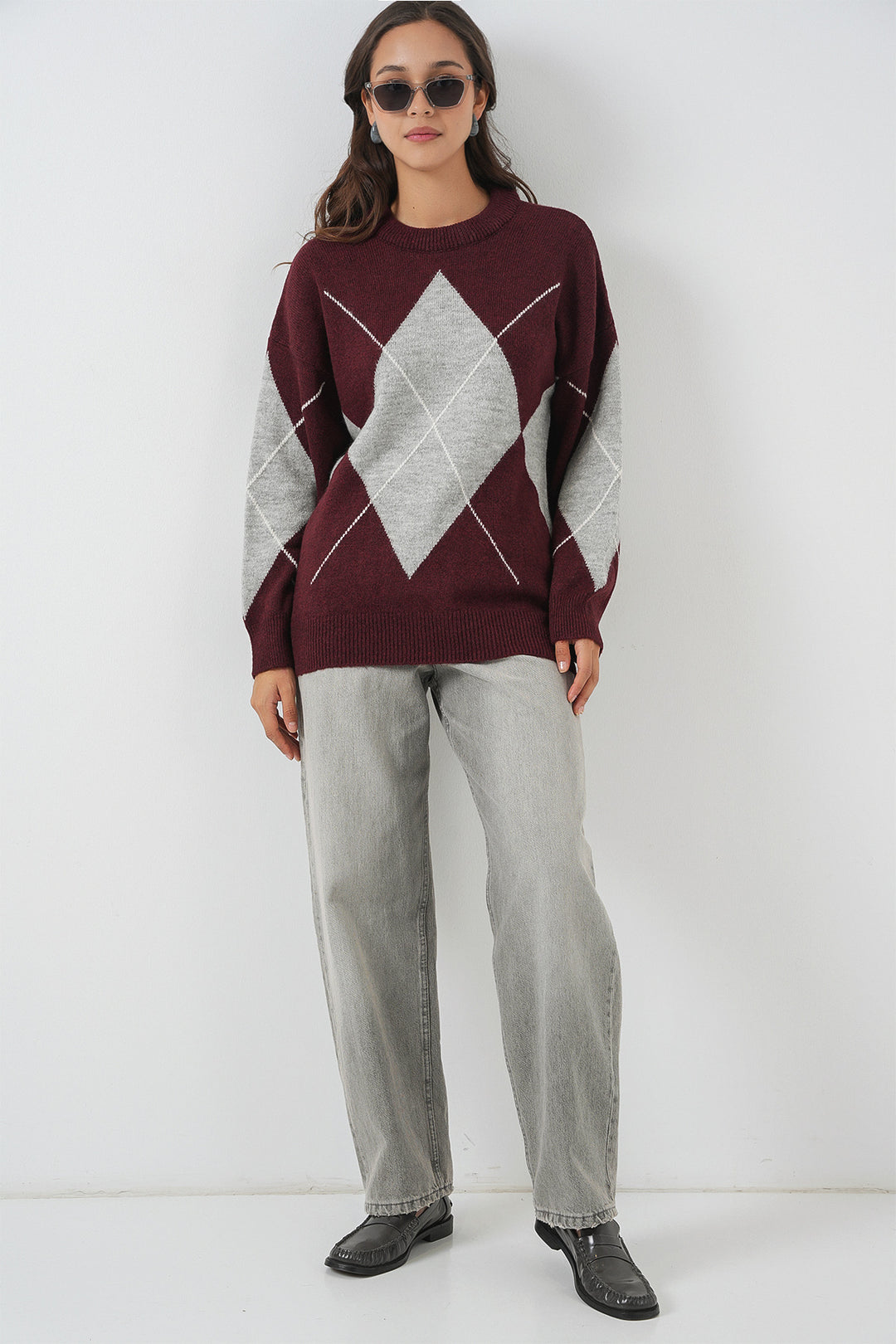 BGD Women Baklava Patterned Oversized Knit Sweater - Maroon - Martigues