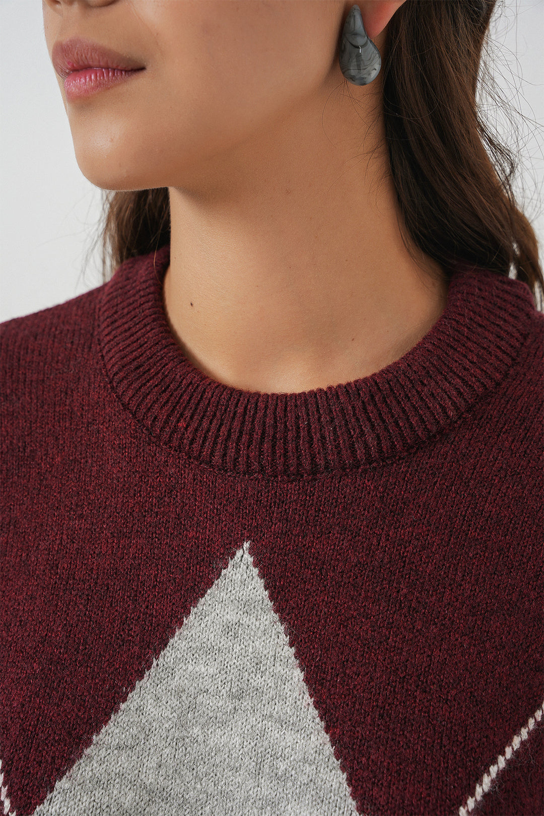 BGD Women Baklava Patterned Oversized Knit Sweater - Maroon - Martigues