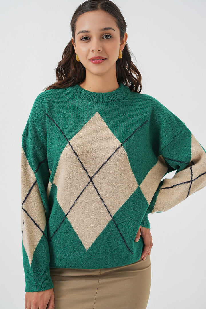 BGD Women Baklava Patterned Oversized Knit Sweater - Y.Emerald - Uman