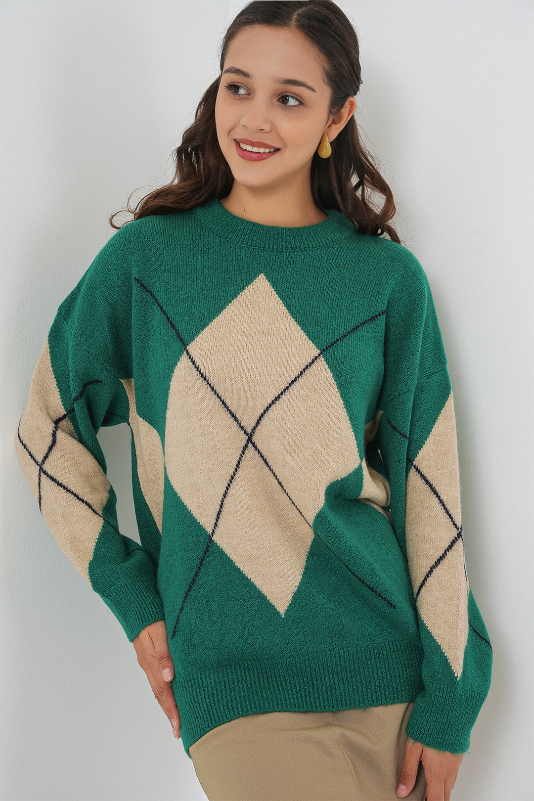 BGD Women Baklava Patterned Oversized Knit Sweater - Y.Emerald - Uman