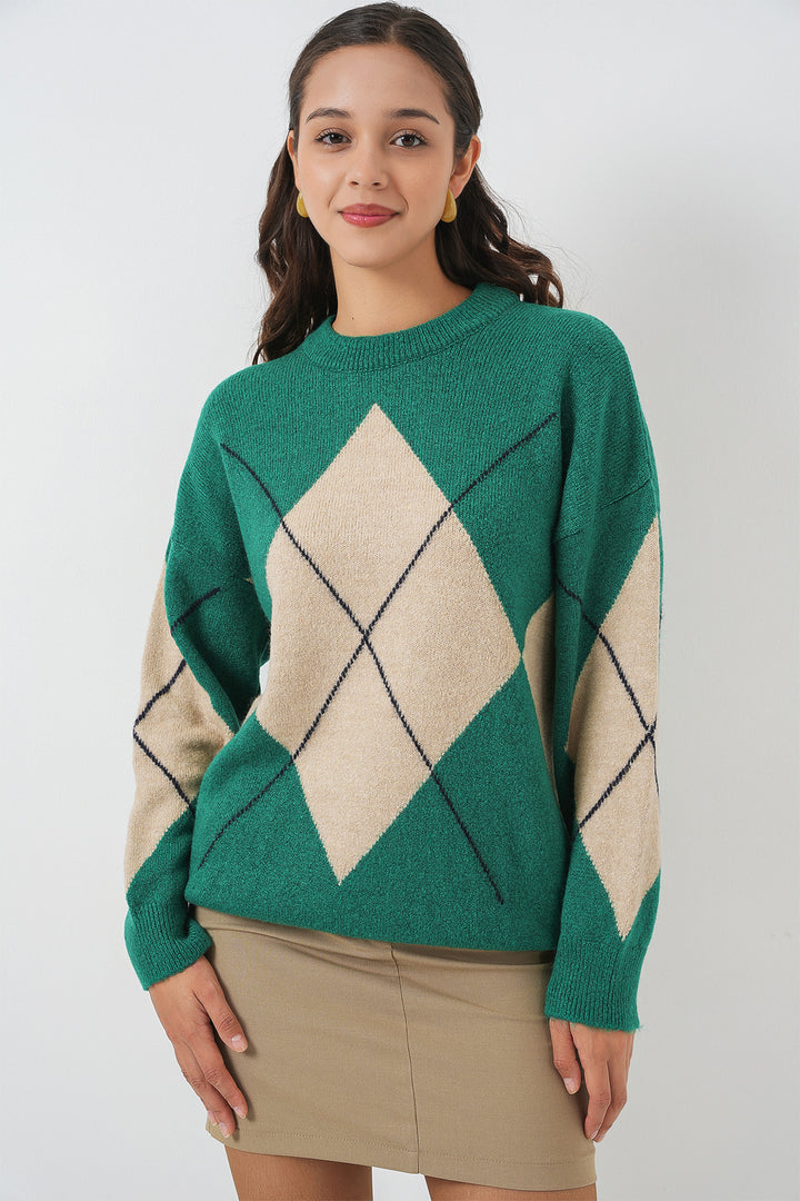 BGD Women Baklava Patterned Oversized Knit Sweater - Y.Emerald - San Mateo Atenco