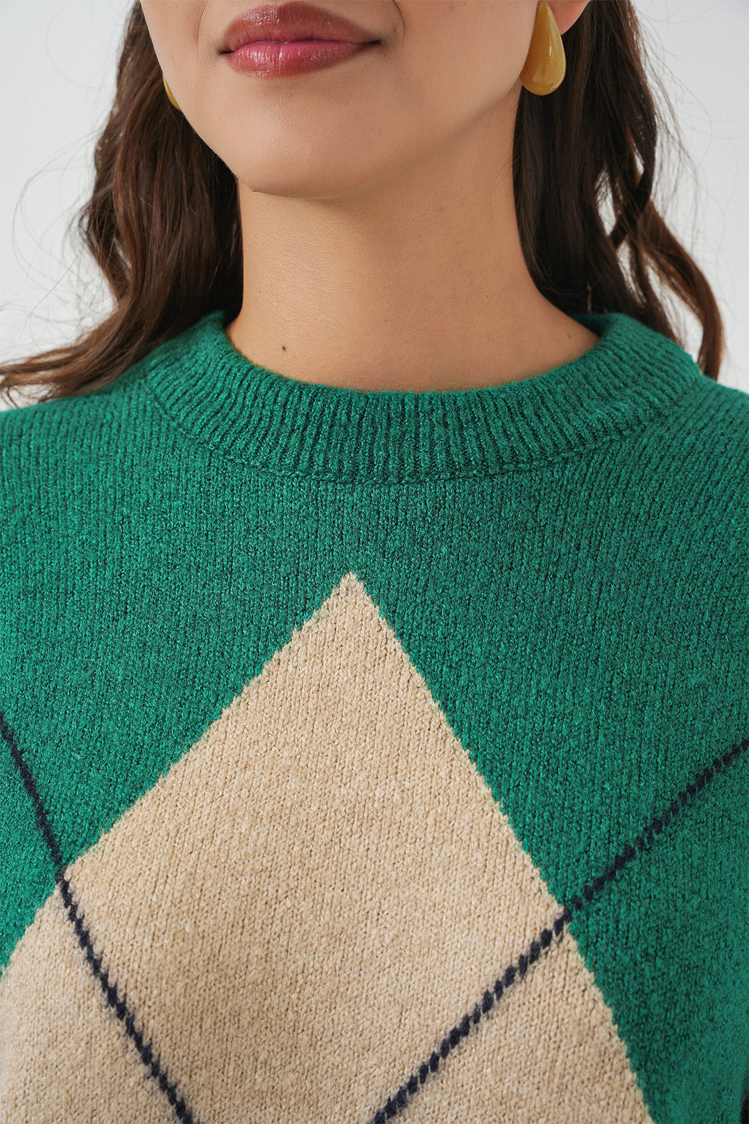 BGD Women Baklava Patterned Oversized Knit Sweater - Y.Emerald - Uman