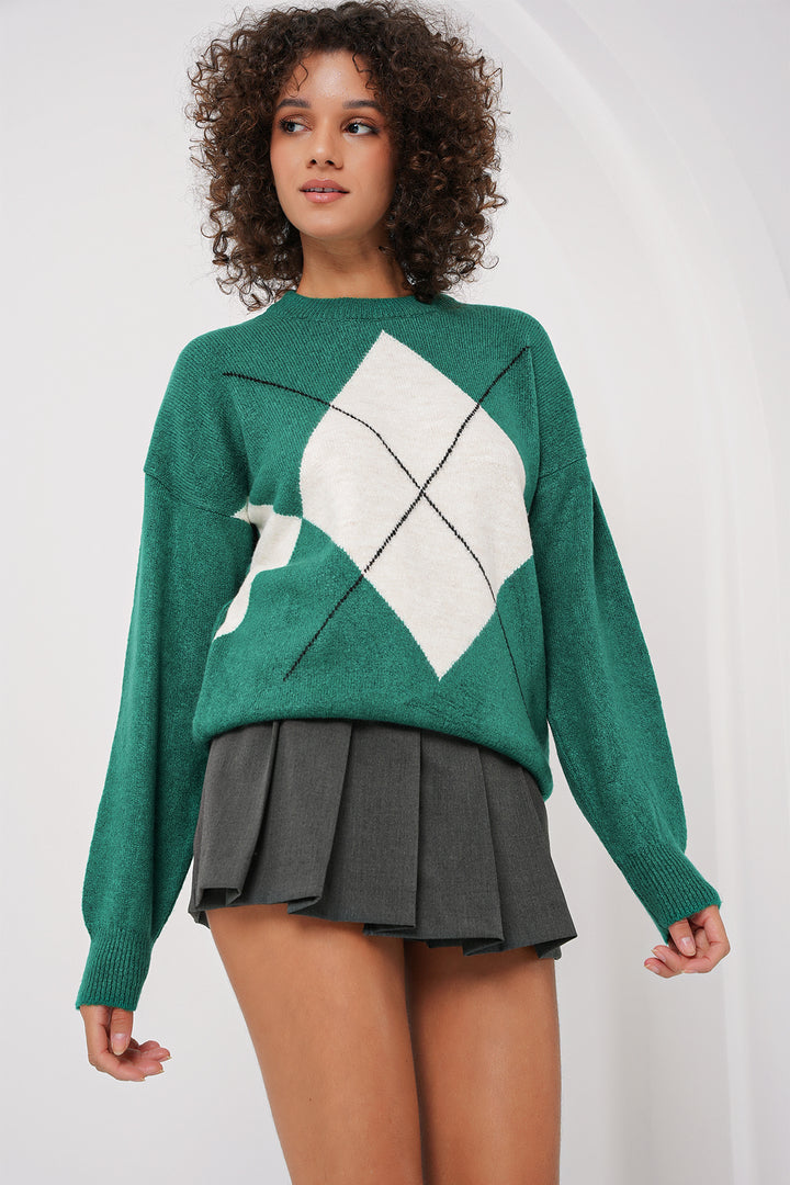 BGD Women Baklava Patterned Oversized Knit Sweater - Emerald Green - Palo Alto