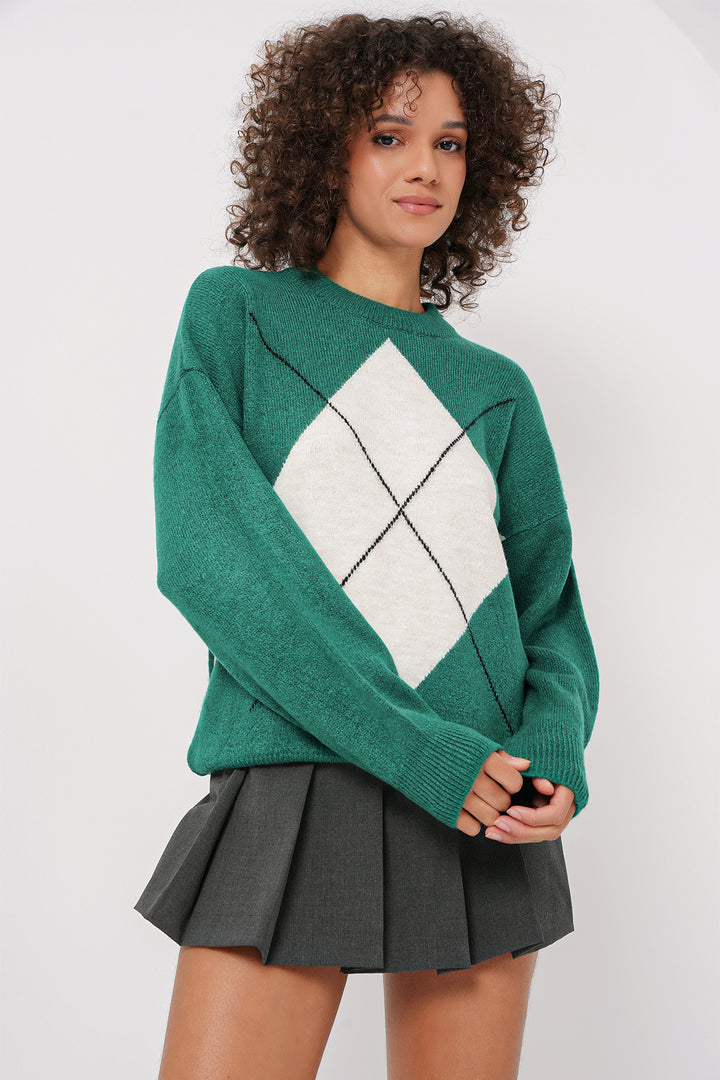 BGD Women Baklava Patterned Oversized Knit Sweater - Emerald Green - Palo Alto