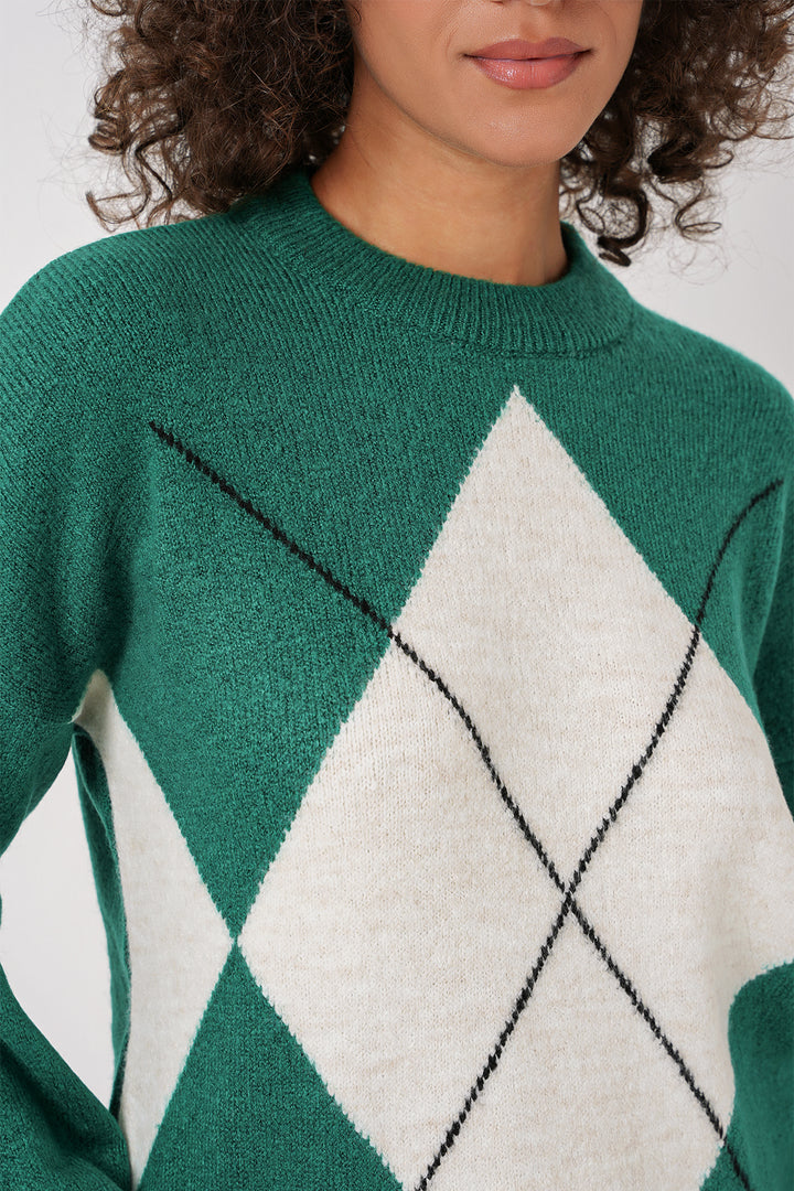 BGD Women Baklava Patterned Oversized Knit Sweater - Emerald Green - Palo Alto