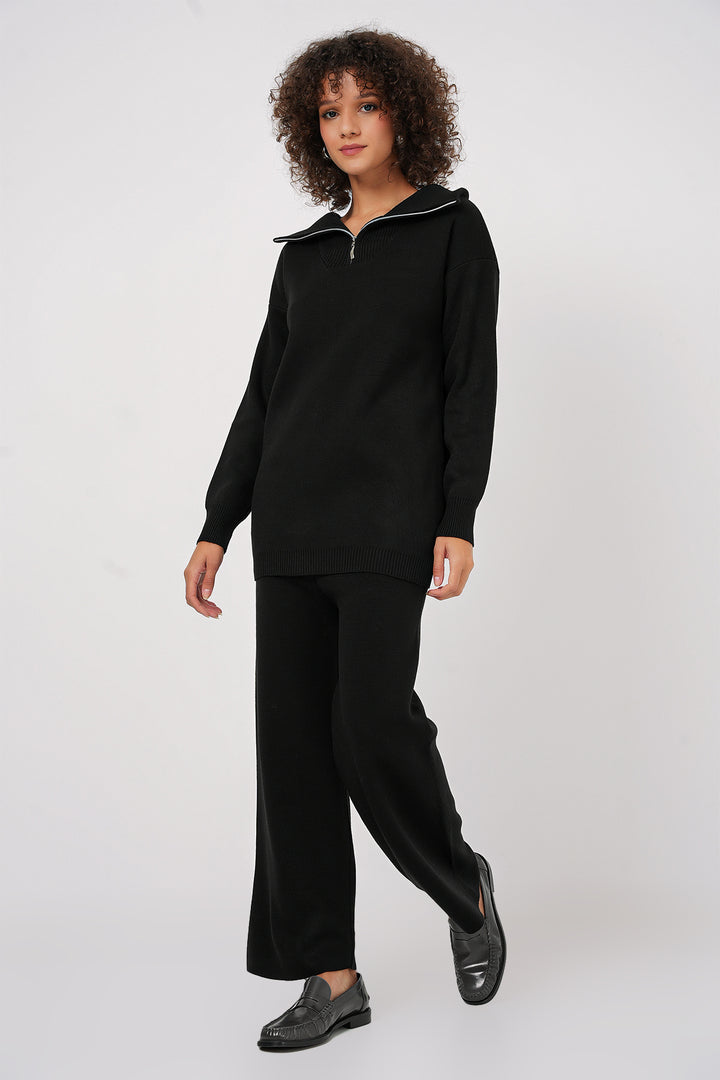 BGD Women Zippered Sweater Pants Knitwear Set - Black - Cicero