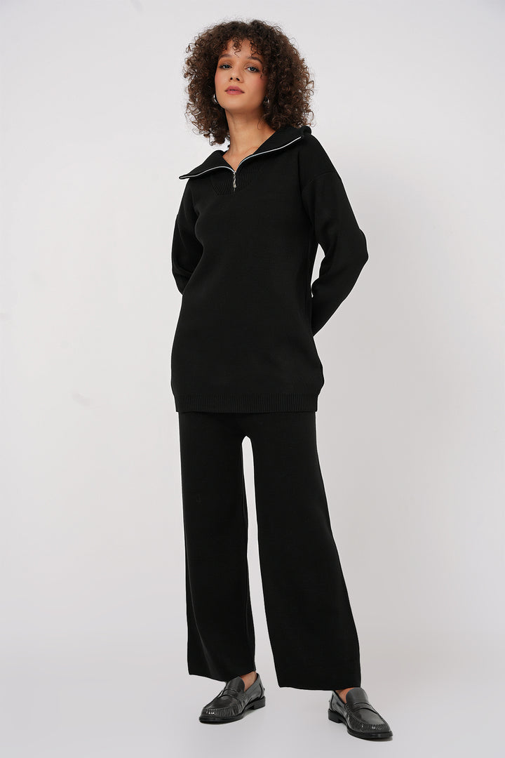 BGD Women Zippered Sweater Pants Knitwear Set - Black - Cicero