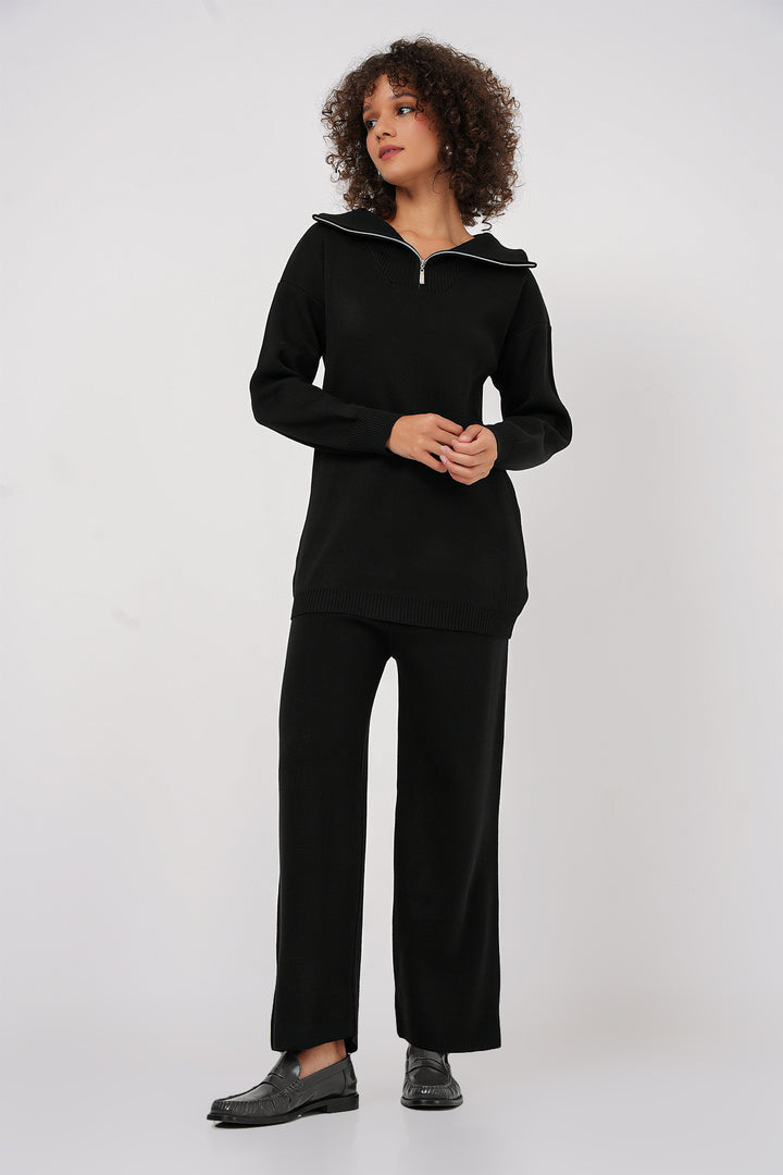 BGD Women Zippered Sweater Pants Knitwear Set - Black - Cicero