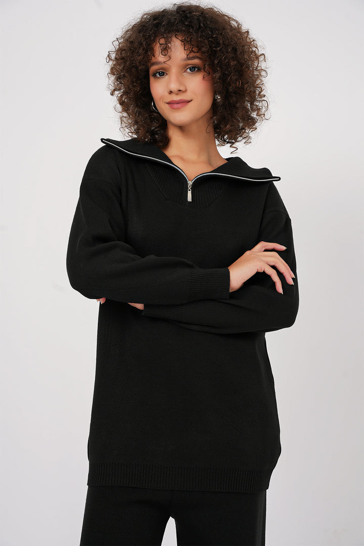 BGD Women Zippered Sweater Pants Knitwear Set - Black - Cicero