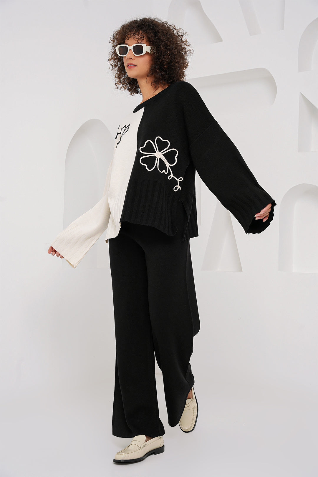 BGD Women Oversized Sweater Pants Suit - Black - Marcianise