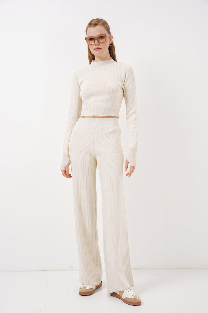BGD Women Women's Crop Sweater Pants Knitwear Set - Beige - Brossard