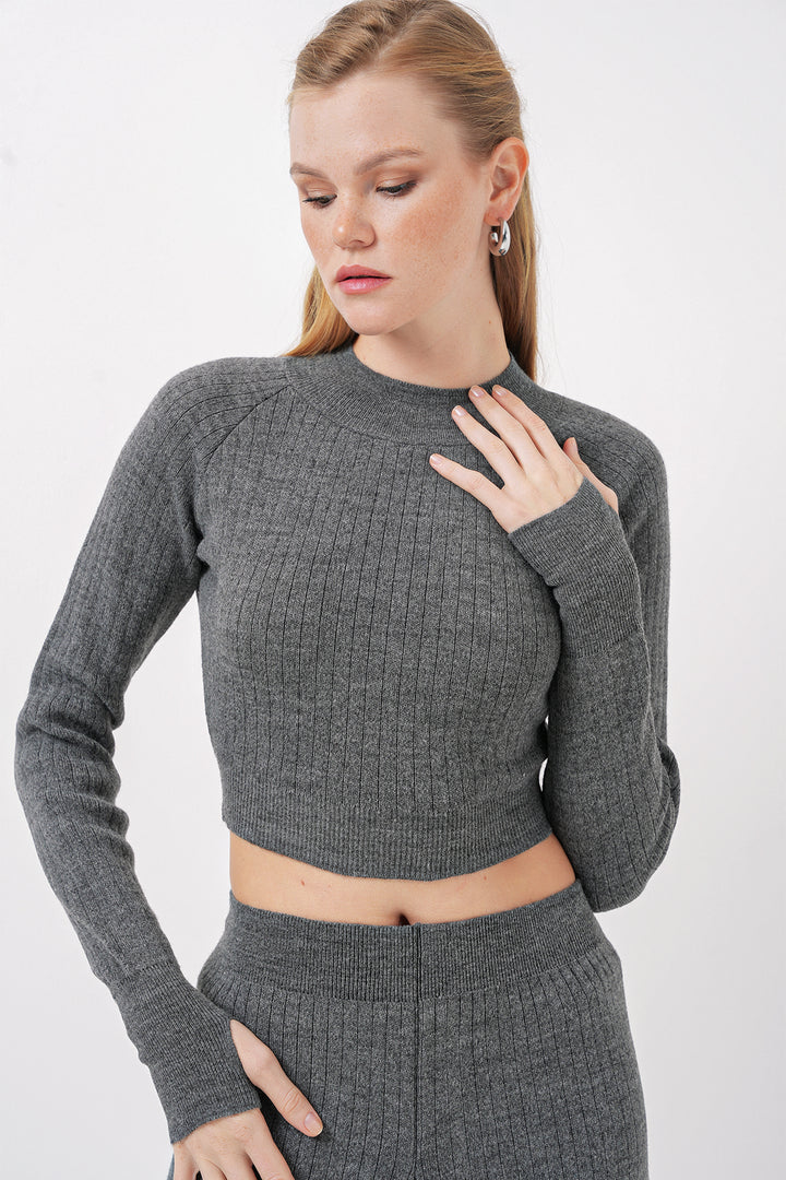 BGD Women Women's Crop Sweater Pants Knitwear Set - Smoke Gray - Pombal