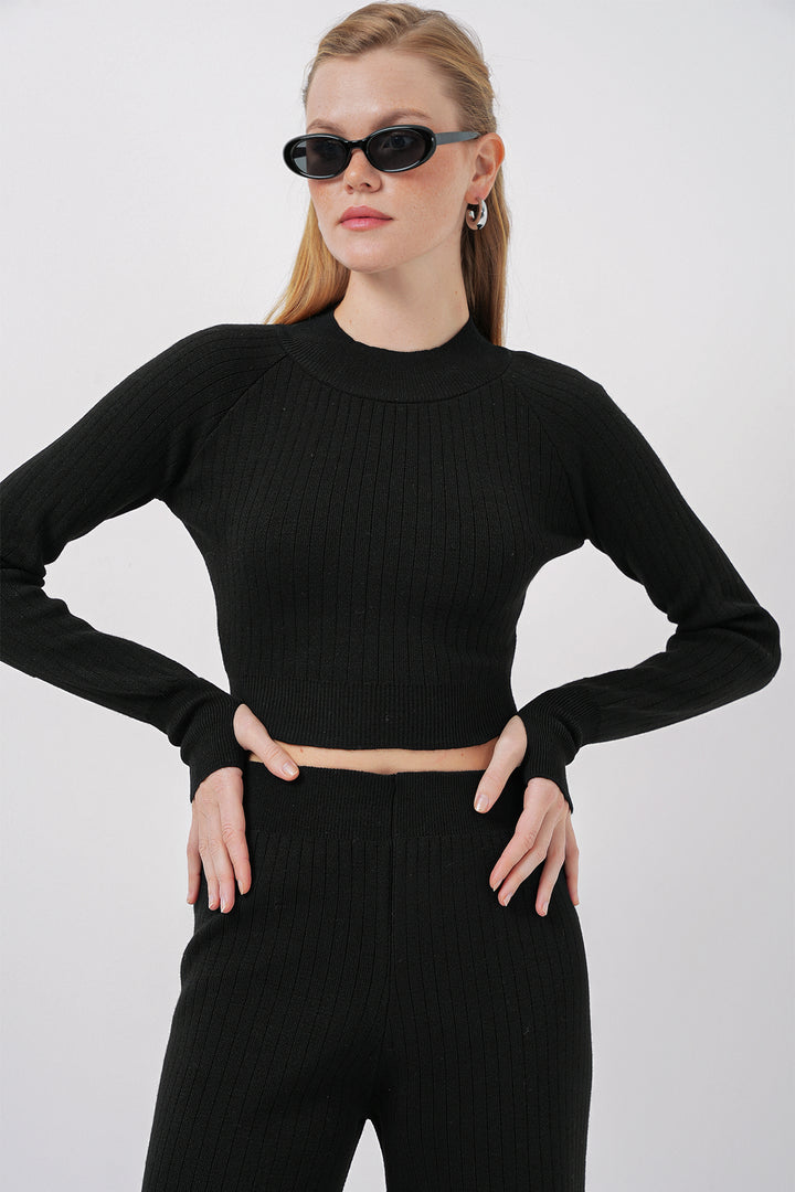 BGD Women Women's Crop Sweater Pants Knitwear Set - Black - Smethwick
