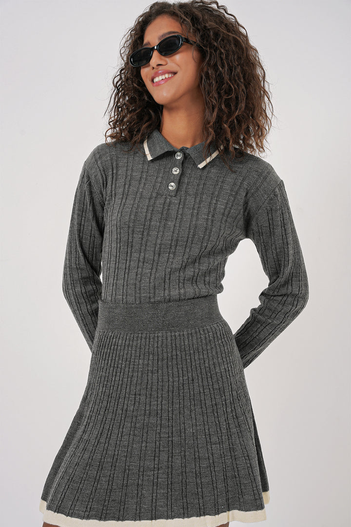 BGD Women Women's Polo Neck Sweater Skirt Knitwear Set - Anthracite - Wilkes-Barre