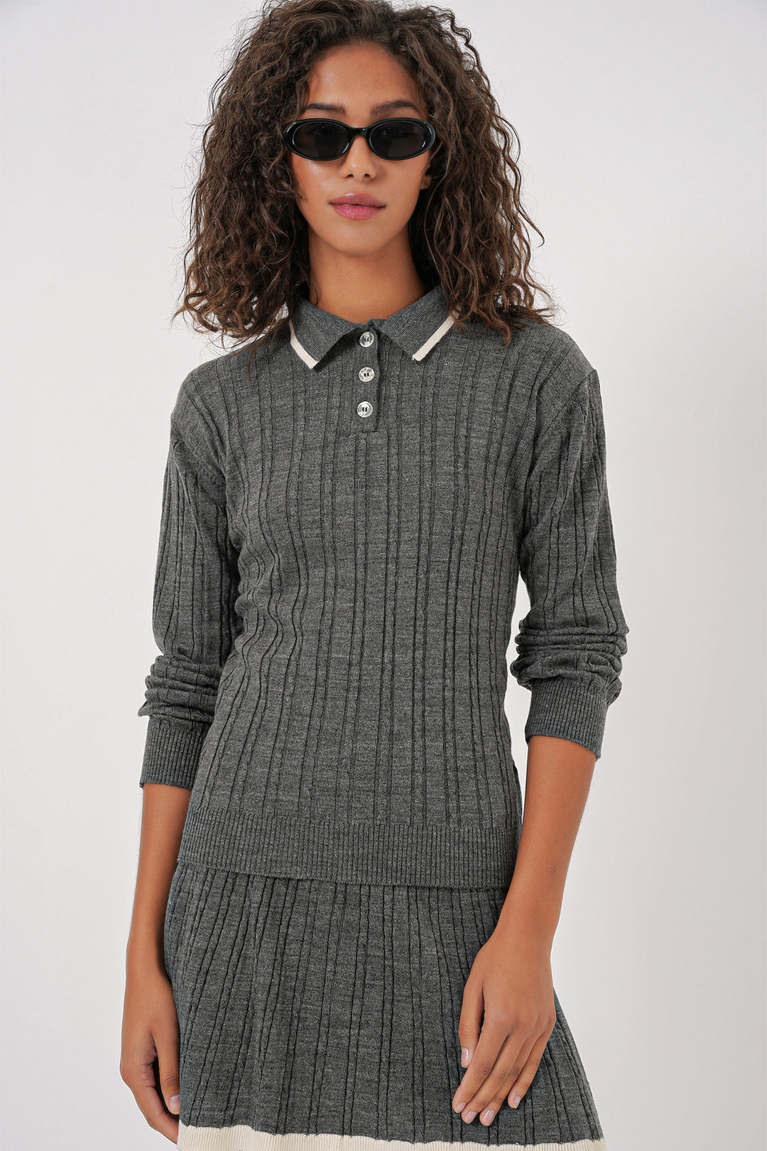 BGD Women Women's Polo Neck Sweater Skirt Knitwear Set - Anthracite - Wilkes-Barre