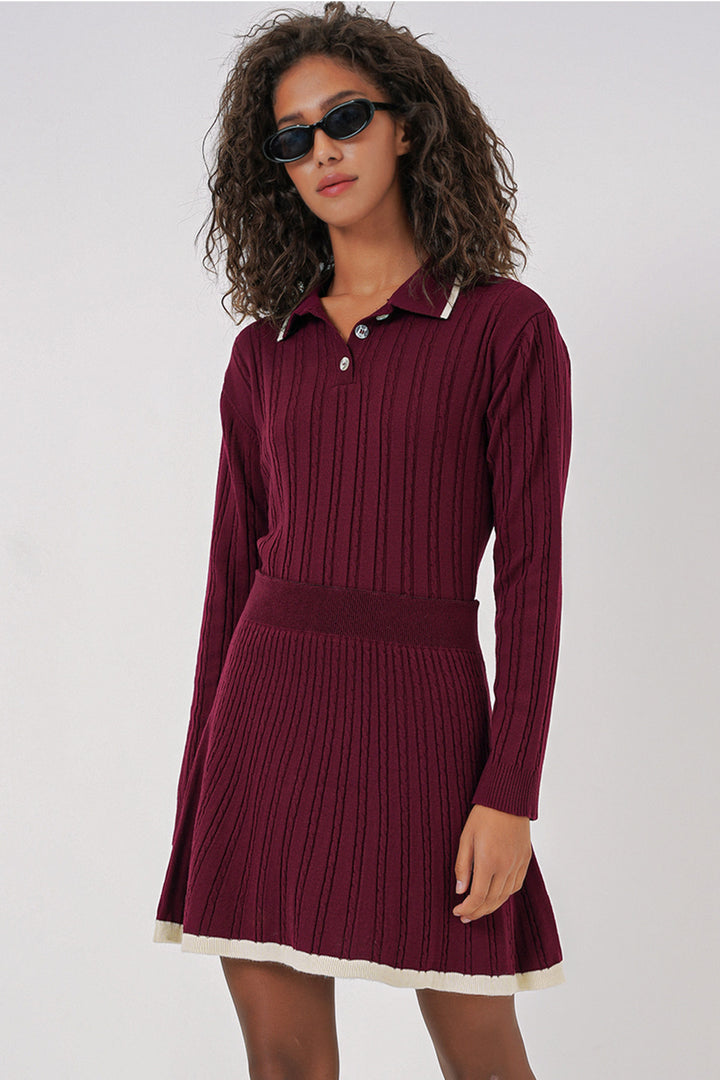 BGD Women Women's Polo Neck Sweater Skirt Knitwear Set - Burgundy - Laval
