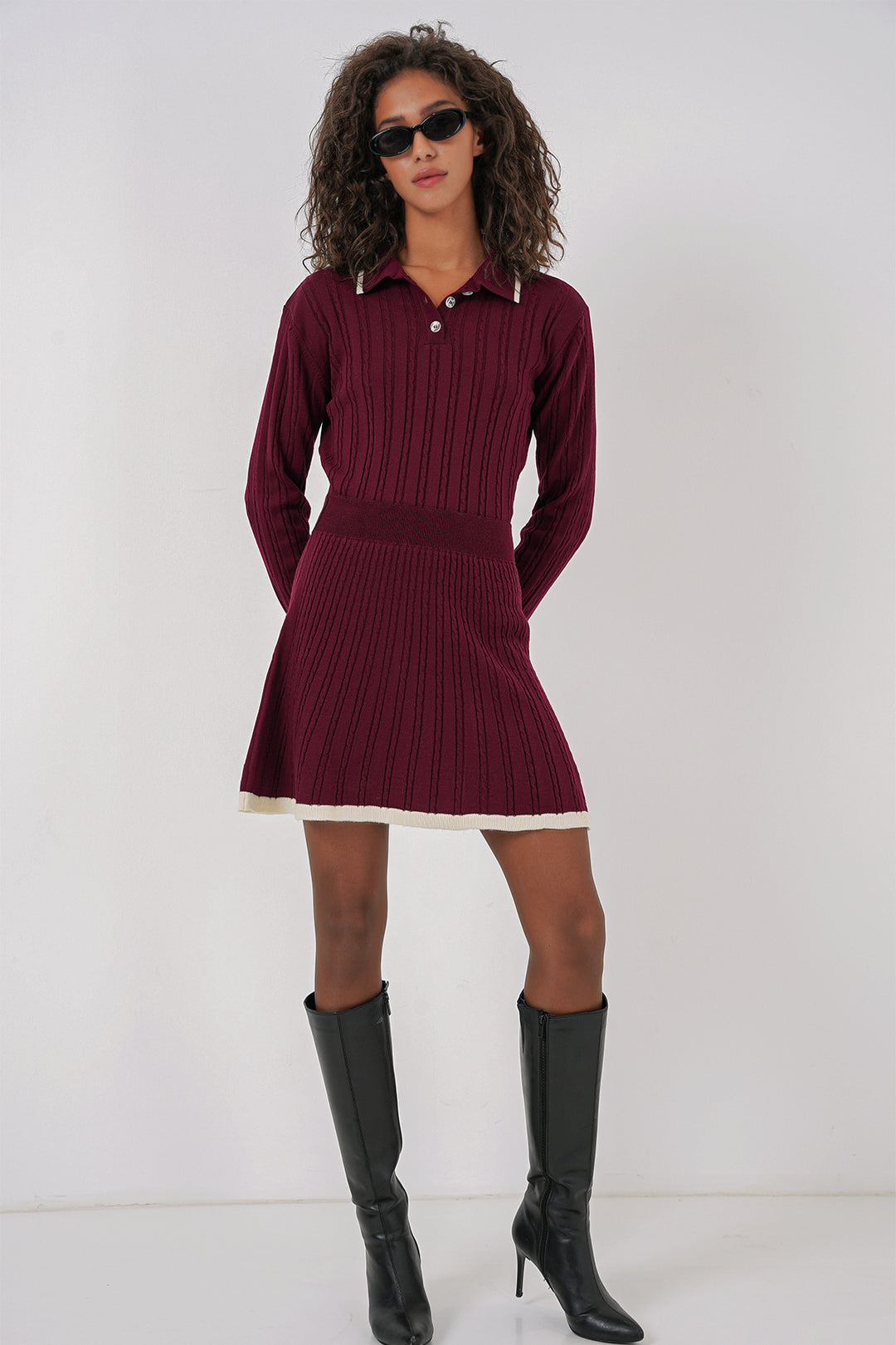 BGD Women Women's Polo Neck Sweater Skirt Knitwear Set - Burgundy - Laval