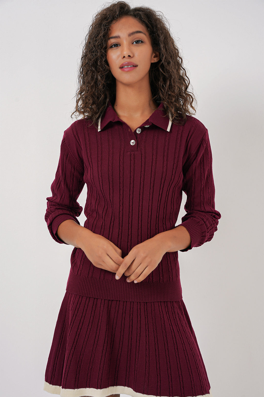 BGD Women Women's Polo Neck Sweater Skirt Knitwear Set - Burgundy - Laval