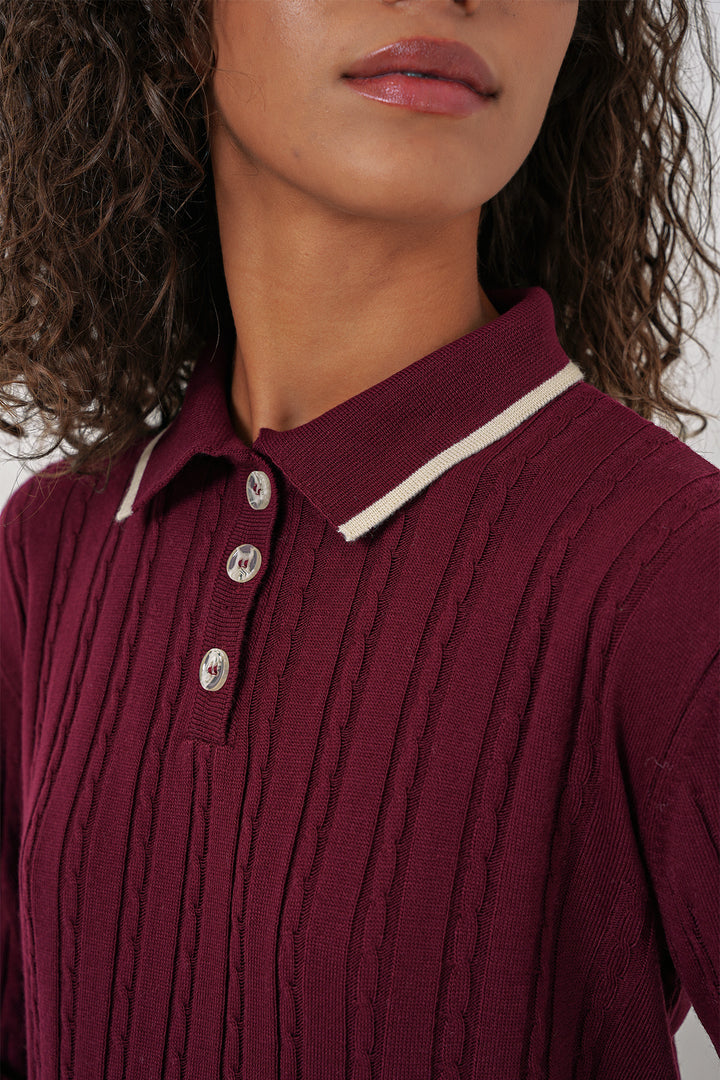 BGD Women Women's Polo Neck Sweater Skirt Knitwear Set - Burgundy - Laval