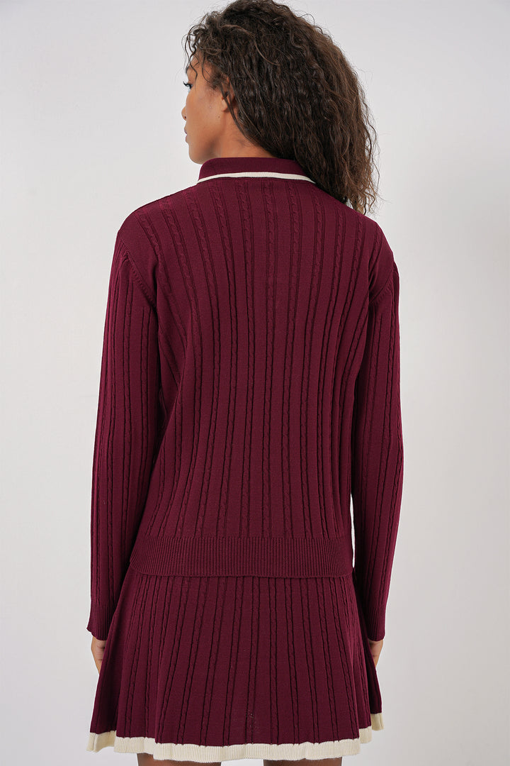 BGD Women Women's Polo Neck Sweater Skirt Knitwear Set - Burgundy - Laval