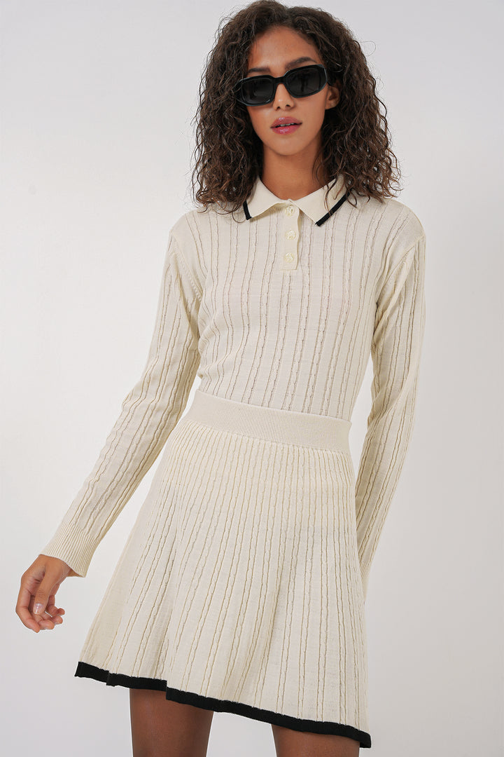 BGD Women Women's Polo Neck Sweater Skirt Knitwear Set - Cream - Shostka