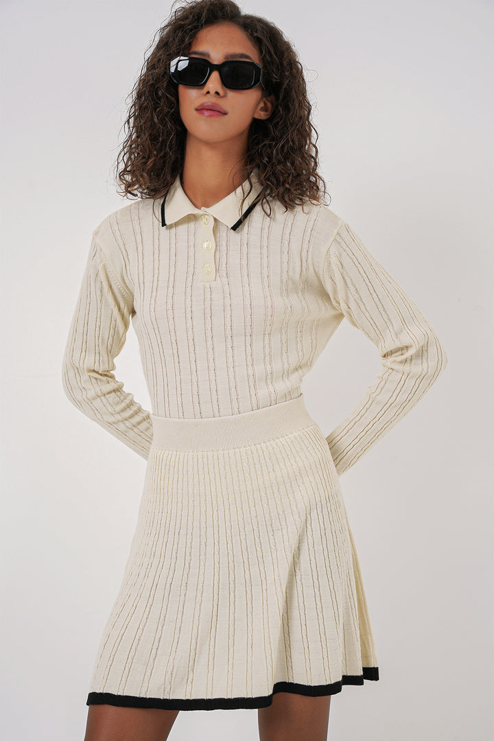 BGD Women Women's Polo Neck Sweater Skirt Knitwear Set - Cream - Shostka