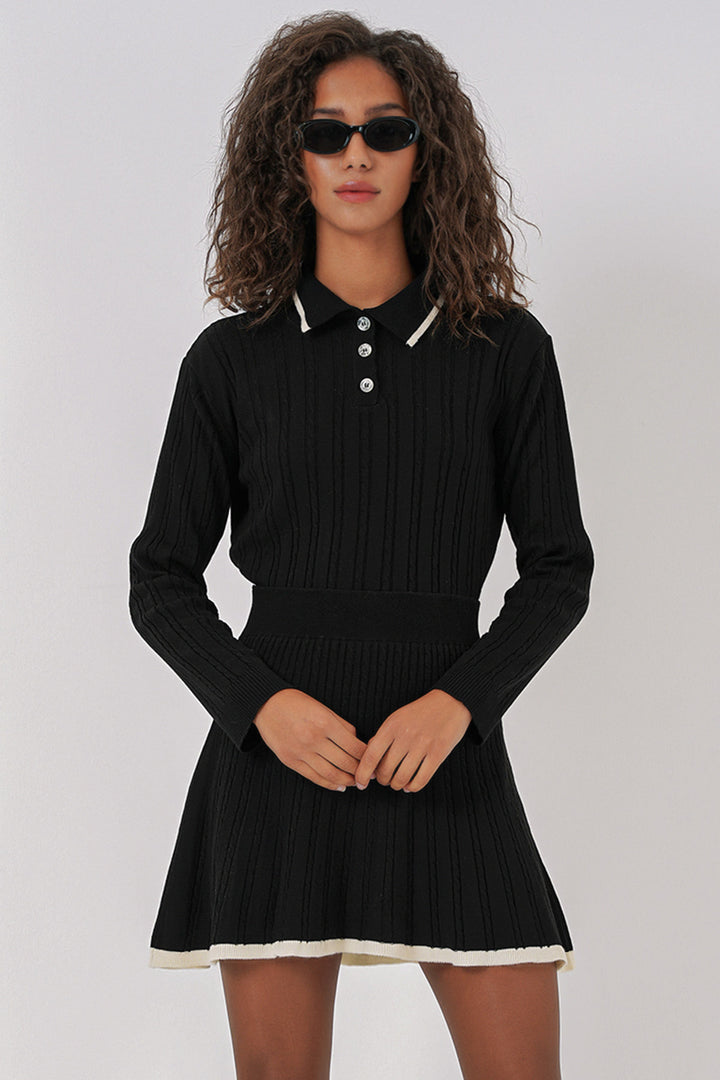 BGD Women Women's Polo Neck Sweater Skirt Knitwear Set - Black - Barking