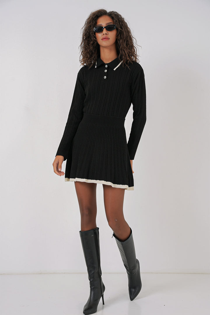 BGD Women Women's Polo Neck Sweater Skirt Knitwear Set - Black - Barking