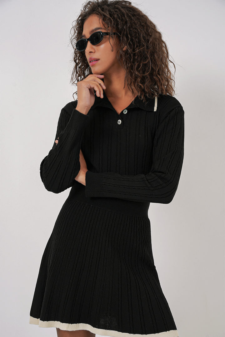 BGD Women Women's Polo Neck Sweater Skirt Knitwear Set - Black - Barking